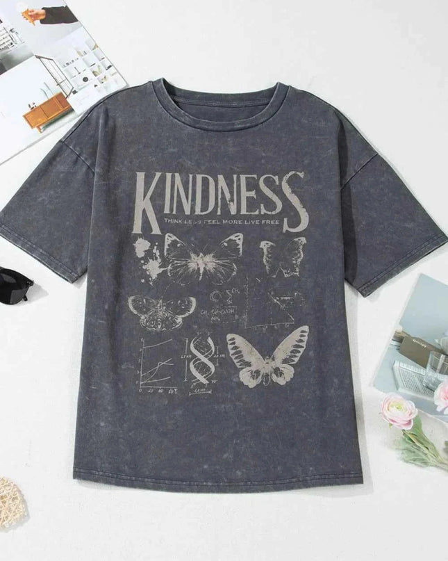 Kindness Butterflies Graphic Mineral Wash Loose Tee - Trendsi