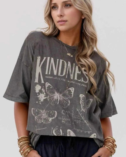 Kindness Butterflies Graphic Mineral Wash Loose Tee - Trendsi