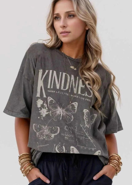 Kindness Butterflies Graphic Mineral Wash Loose Tee - Trendsi