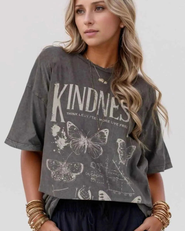 Kindness Butterflies Graphic Mineral Wash Loose Tee - Trendsi