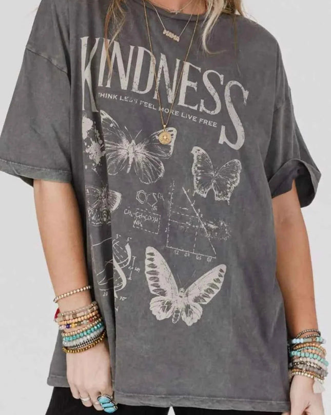 Kindness Butterflies Graphic Mineral Wash Loose Tee - Trendsi