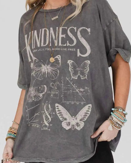 Kindness Butterflies Graphic Mineral Wash Loose Tee - Trendsi