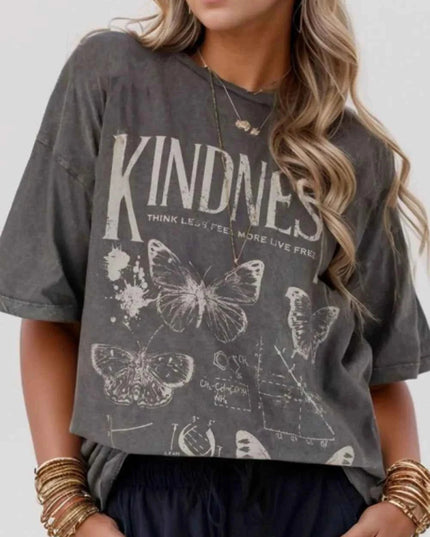 Kindness Butterflies Graphic Mineral Wash Loose Tee - Trendsi