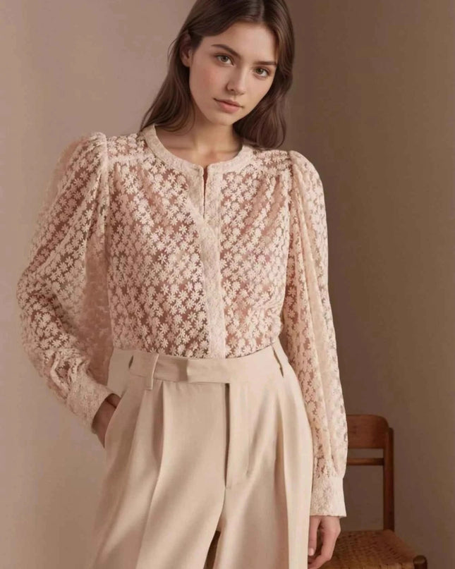 Lace Long Sleeve Shirt - Trendsi