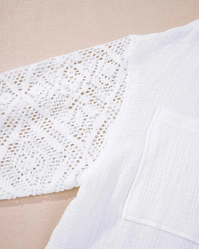 Lace Sleeve Button Down Shirt - Trendsi