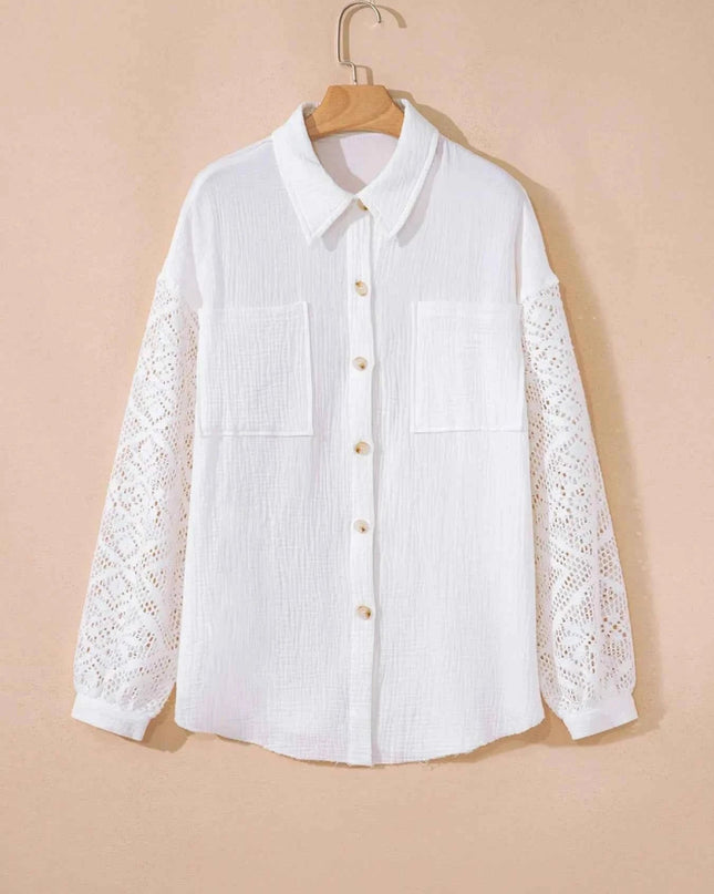 Lace Sleeve Button Down Shirt - Trendsi