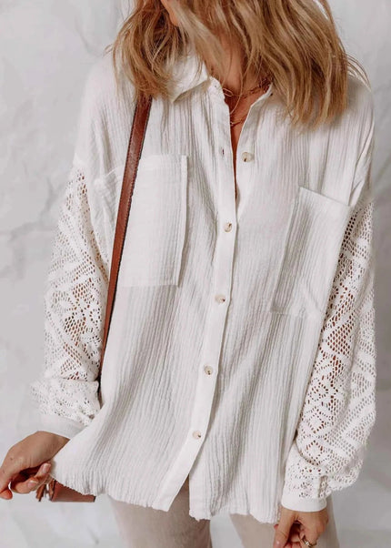 Lace Sleeve Button Down Shirt - Trendsi
