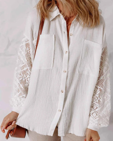 Lace Sleeve Button Down Shirt - Trendsi