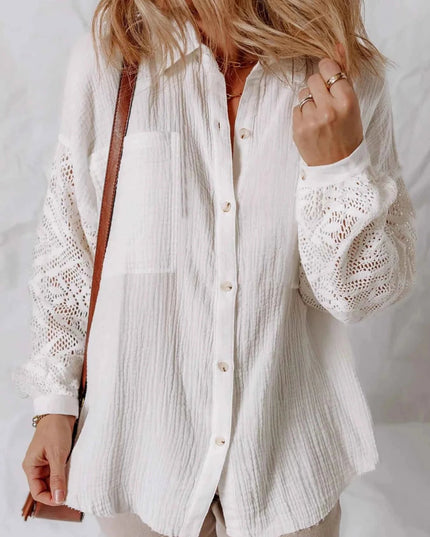 Lace Sleeve Button Down Shirt - Trendsi
