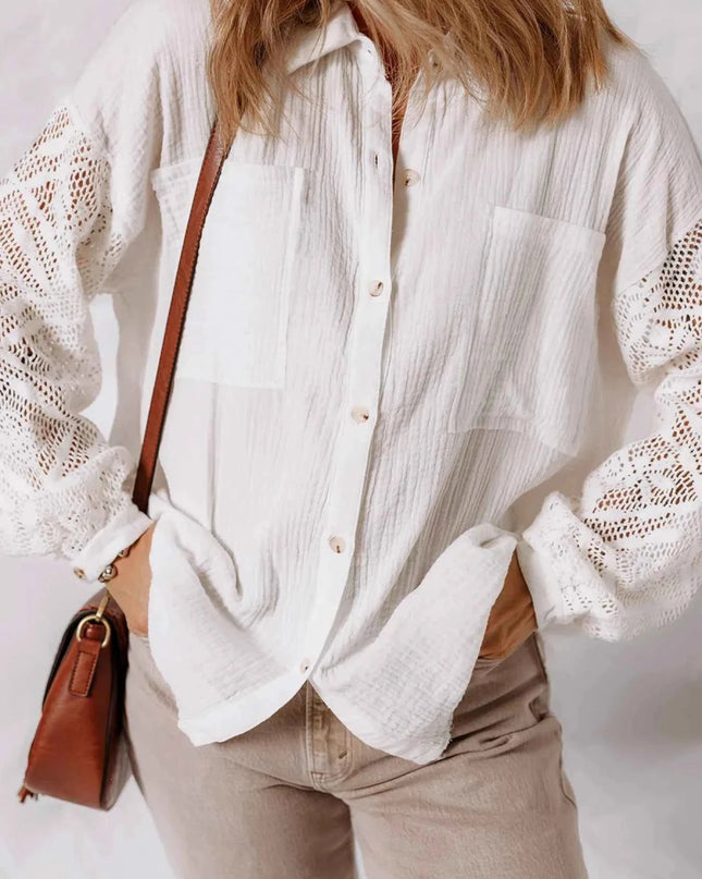 Lace Sleeve Button Down Shirt - Trendsi