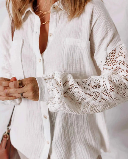 Lace Sleeve Button Down Shirt - Trendsi