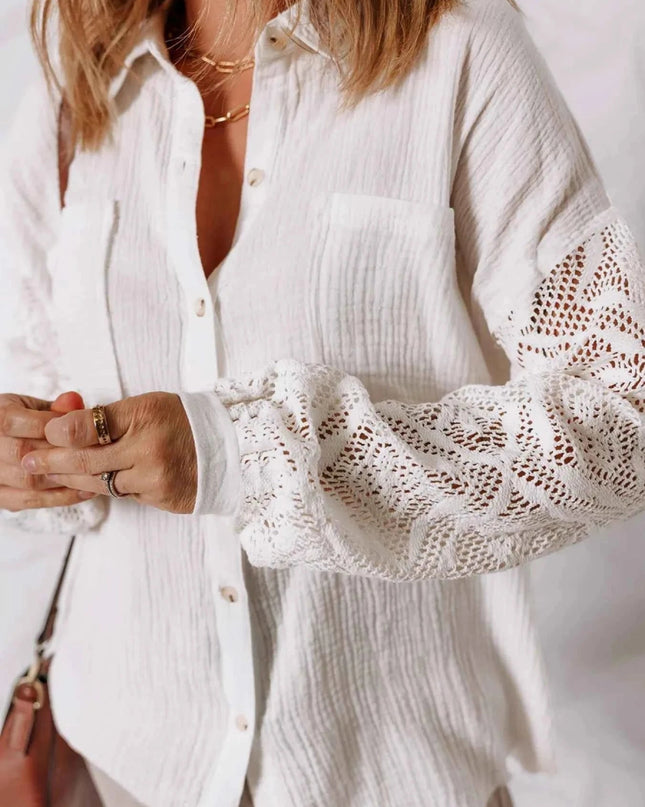 Lace Sleeve Button Down Shirt - Trendsi