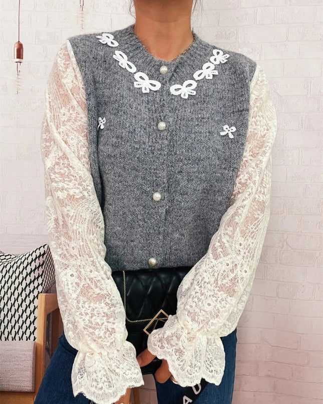 Lace Sleeve Button - Up Cardigan - Trendsi