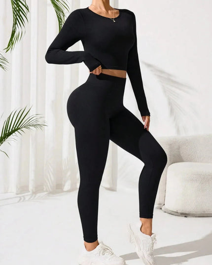 Lace - Up Back Round Neck Top and Leggings Active Set - Trendsi