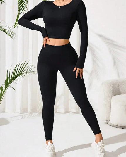 Lace - Up Back Round Neck Top and Leggings Active Set - Trendsi