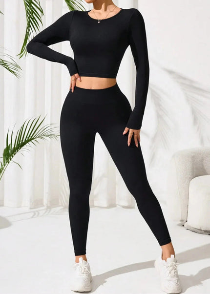 Lace - Up Back Round Neck Top and Leggings Active Set - Trendsi