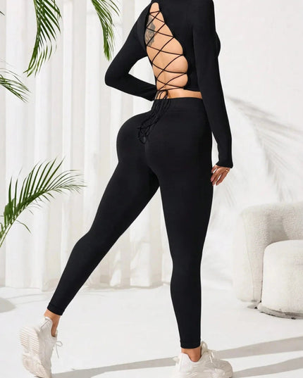 Lace - Up Back Round Neck Top and Leggings Active Set - Trendsi