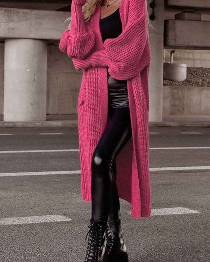 Lantern Sleeve Pocketed Cardigan - Trendsi