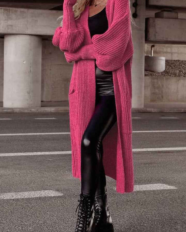 Lantern Sleeve Pocketed Cardigan - Trendsi