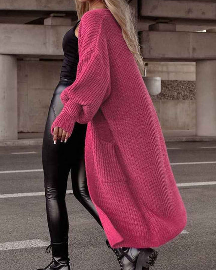 Lantern Sleeve Pocketed Cardigan - Trendsi