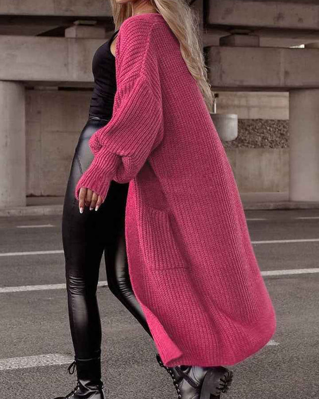 Lantern Sleeve Pocketed Cardigan - Trendsi