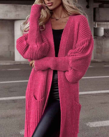 Lantern Sleeve Pocketed Cardigan - Trendsi