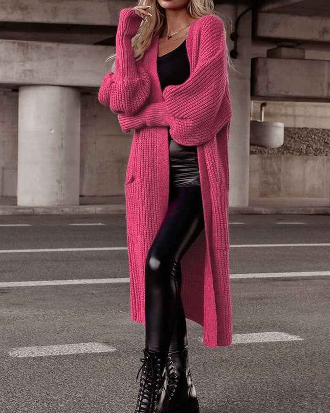 Lantern Sleeve Pocketed Cardigan - Trendsi