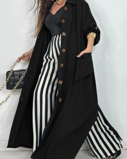 Lapel Collar Button - Front Longline Coat - Trendsi