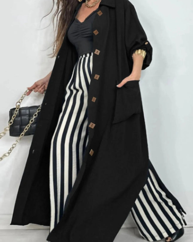 Lapel Collar Button - Front Longline Coat - Trendsi