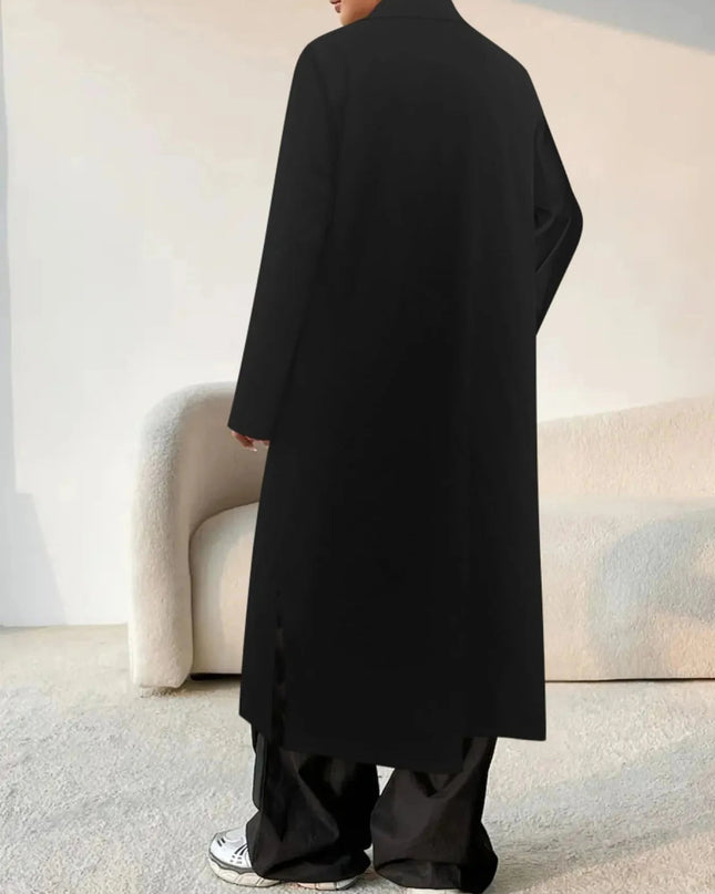 Lapel Collar Button - Front Longline Coat - Trendsi