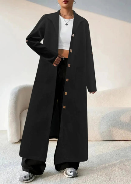 Lapel Collar Button - Front Longline Coat - Trendsi