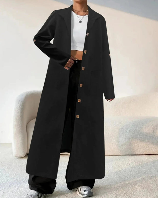 Lapel Collar Button - Front Longline Coat - Trendsi