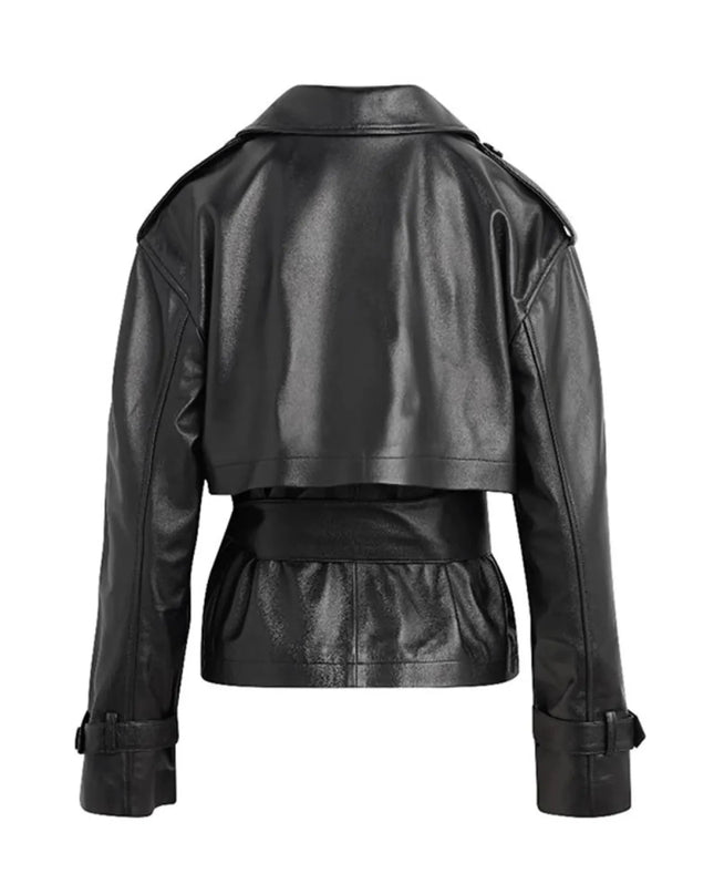 Leather Belted Trench Jacket - Trendsi