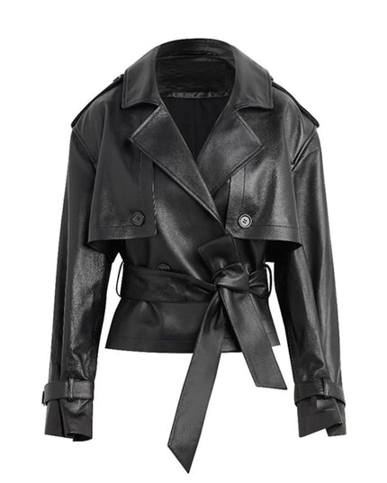 Leather Belted Trench Jacket - Trendsi