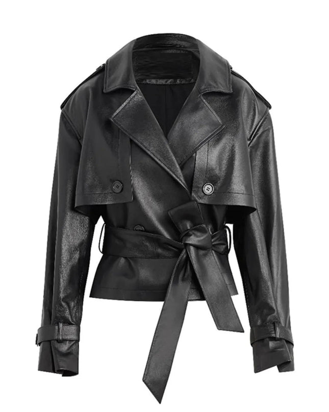 Leather Belted Trench Jacket - Trendsi