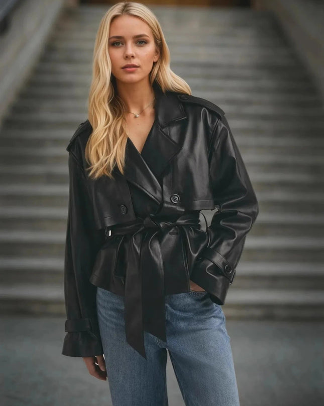 Leather Belted Trench Jacket - Trendsi