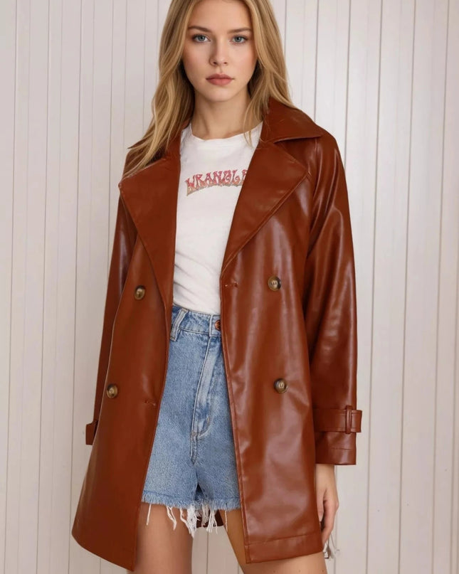 Leather Double - Breasted Jacket - Trendsi
