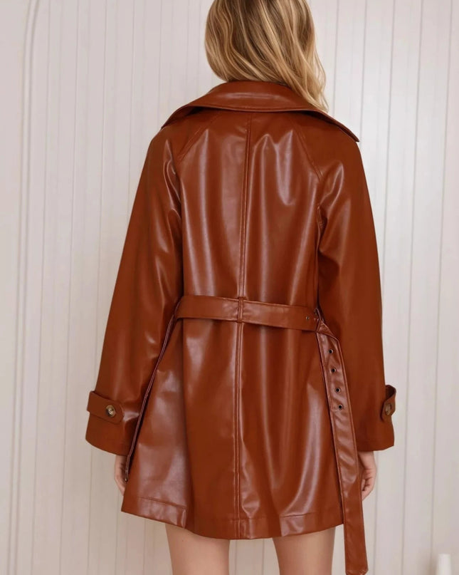 Leather Double - Breasted Jacket - Trendsi