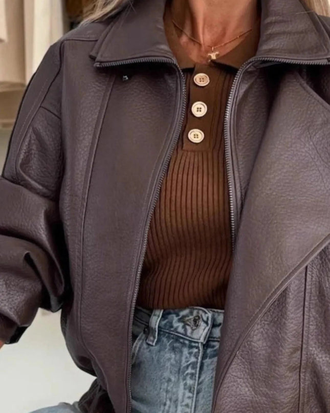 Leather Zip Up Jacket - Trendsi