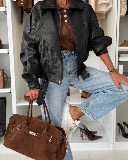 Leather Zip Up Jacket - Trendsi