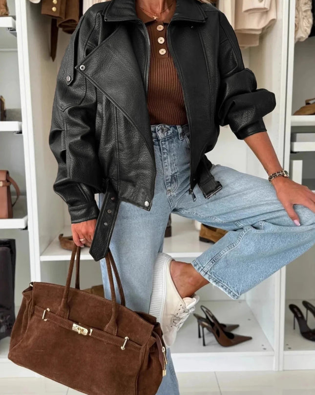 Leather Zip Up Jacket - Trendsi