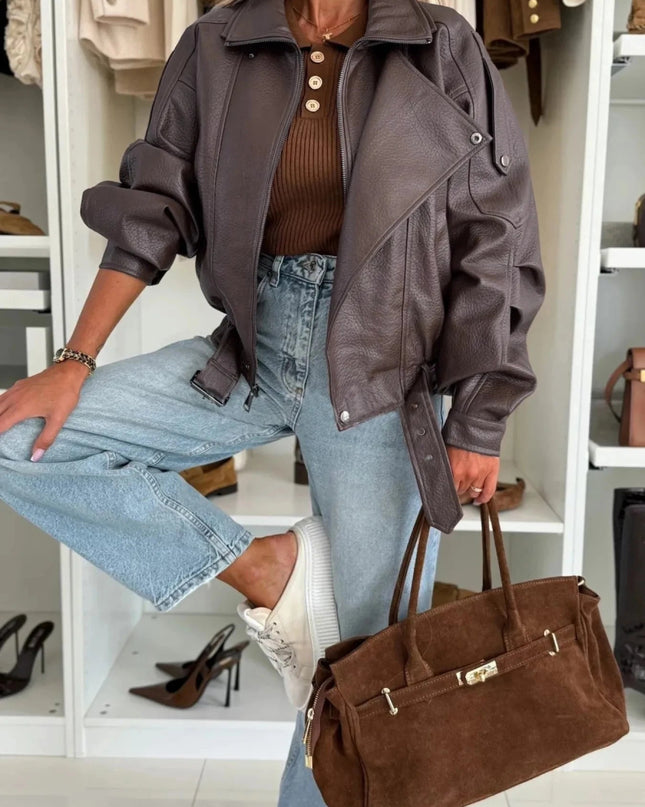 Leather Zip Up Jacket - Trendsi