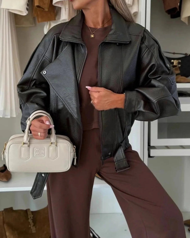 Leather Zip Up Jacket - Trendsi