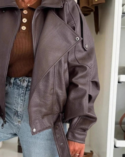 Leather Zip Up Jacket - Trendsi