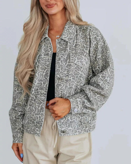 Leopard Button Up Denim Jacket - Trendsi