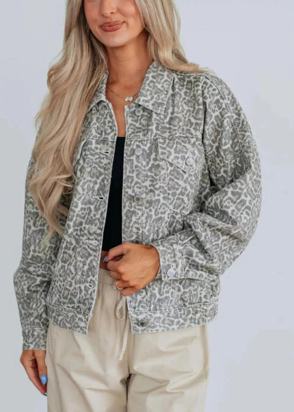 Leopard Button Up Denim Jacket - Trendsi