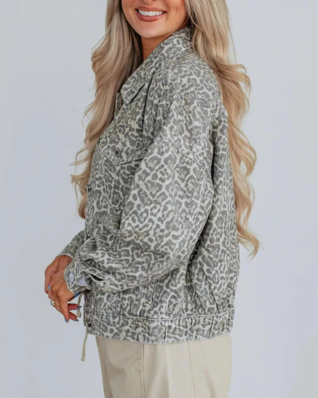 Leopard Button Up Denim Jacket - Trendsi