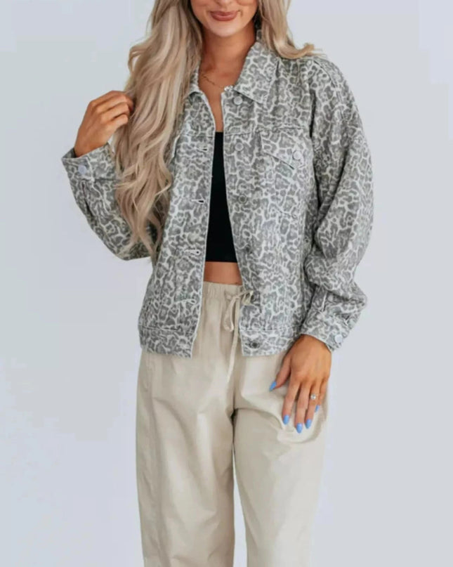Leopard Button Up Denim Jacket - Trendsi
