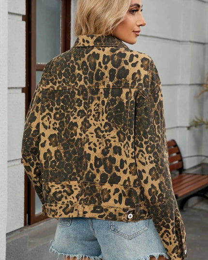 Leopard Print Button Up Denim Jacket - Trendsi