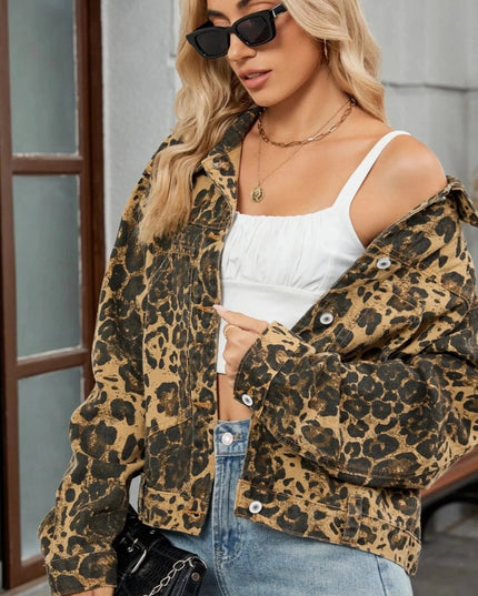 Leopard Print Button Up Denim Jacket - Trendsi